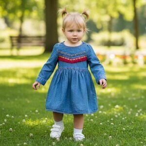 Nannette 2T Lightweight Blue Denim Fringe Embroidered Dress